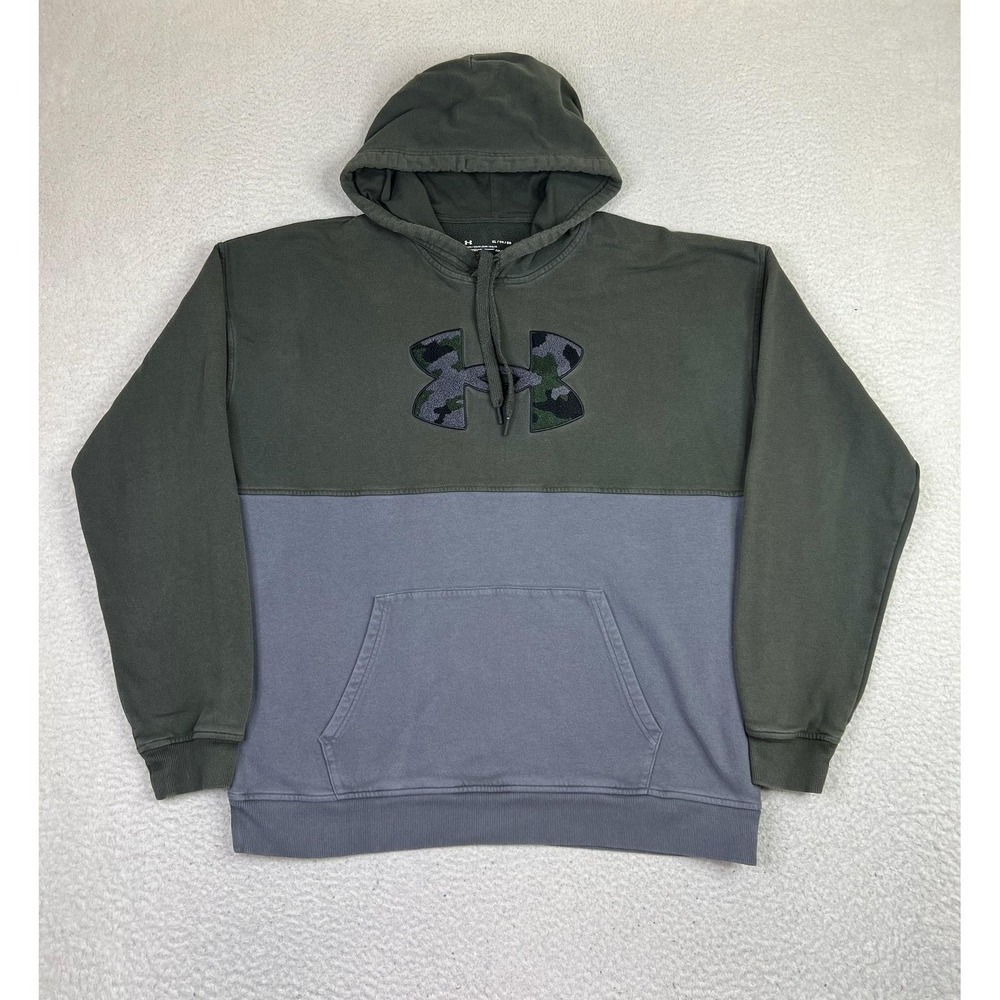 Under Armour Hoodie Mens XL Green Gray Colorblock Camo Logo Pullover Sweatshirt